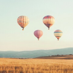 Fototapeta premium Hot air balloons gracefully ascend over a golden field at sunset in a serene landscape. Generative AI