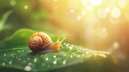 A snail slowly crawling on a green leaf covered with dewdrops. The background is blurred, natural, with sunlight glinting softly