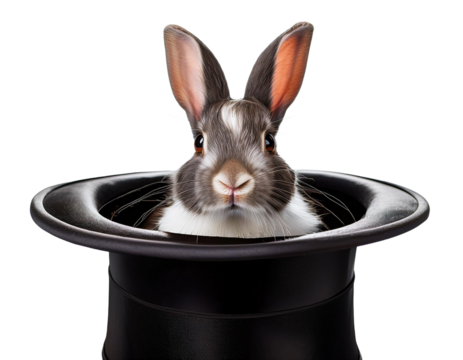 High-resolution image of a cute rabbit popping out of a magician's hat, captured against a transparent background.