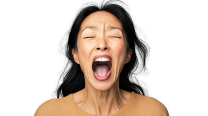 Stressed asian woman screaming with transparent background