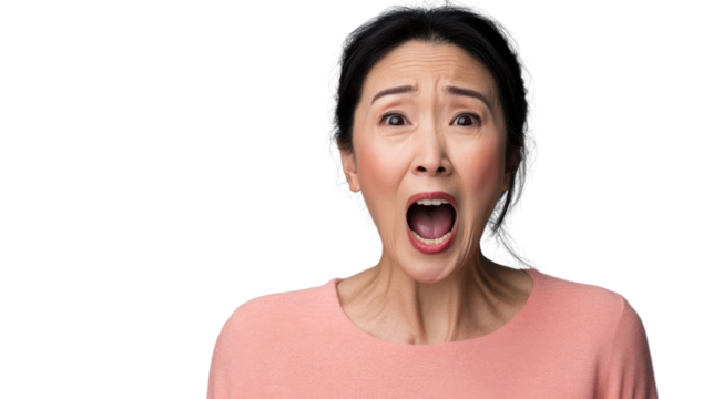 Shocked mature asian woman screaming with transparent background