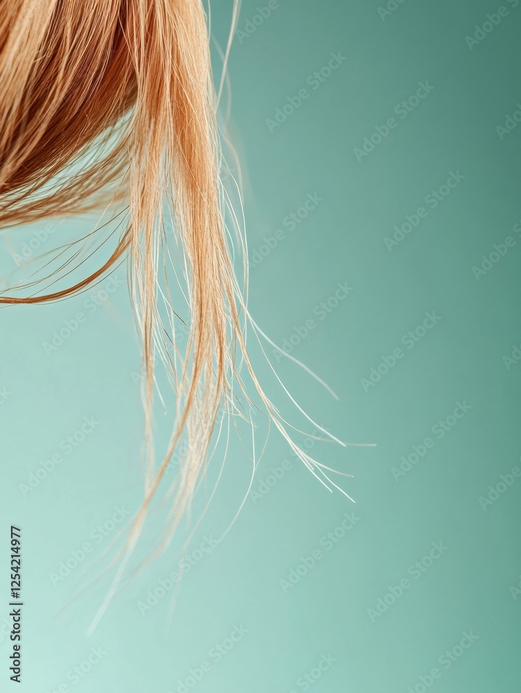 Aufkleber close look at a broken strand of hair against a soft blue background revealing the texture and fragi
