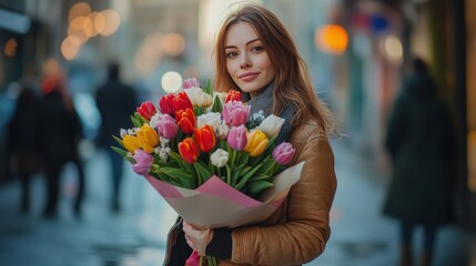 Fototapeta premium A woman stands in the city street holding a colorful bouquet of tulips