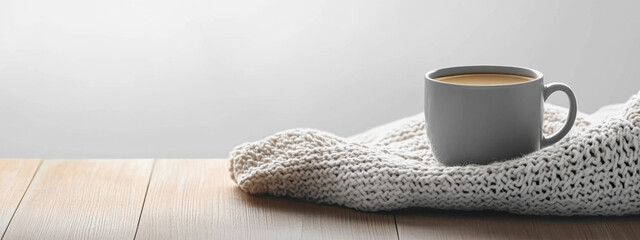 A cozy setup with a knit blanket and a steaming cup of coffee on a wooden table, exuding warmth and relaxation.