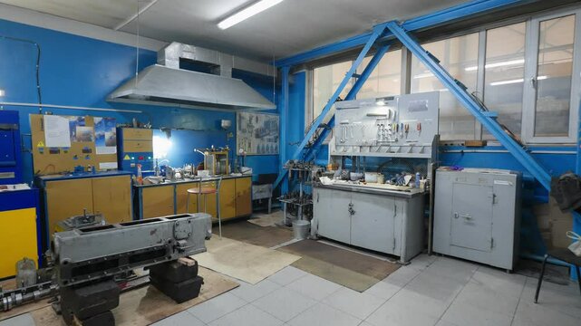 Repair workshop in a railway depot with tools and equipment
