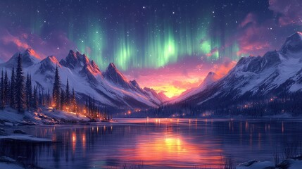 A serene landscape featuring mountains, a lake, and the northern lights at sunset.