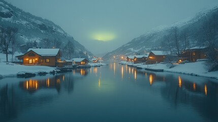 Fototapeta premium Serene winter landscape with cozy cabins reflecting on a calm river under a snowy atmosphere.