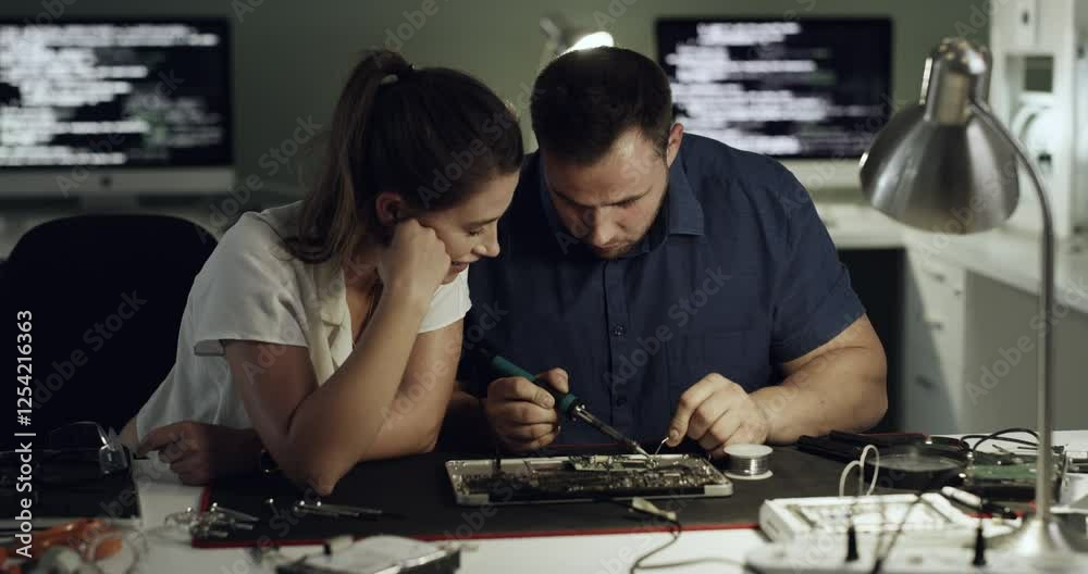 Aufkleber Technology, hardware and repair team in office with motherboard, tools and internship at IT startup. Computer, tech support and learning, man and woman in cyber security with electronics at desk.