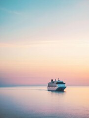 Obraz premium Serene cruise ship sailing across tranquil waters at sunset near coastal horizon. Generative AI