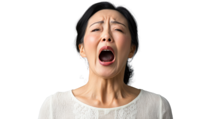 Stressed asian woman screaming with transparent background