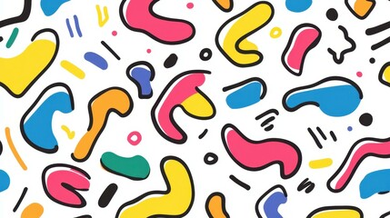 Bright and playful doodle pattern perfect for kids spaces or trendy design projects, featuring colorful squiggles and shapes.