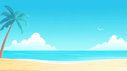 Obraz premium A vibrant 2D cartoon beach scene featuring vivid colors, clear skies, and playful waves, perfect for summer fun.