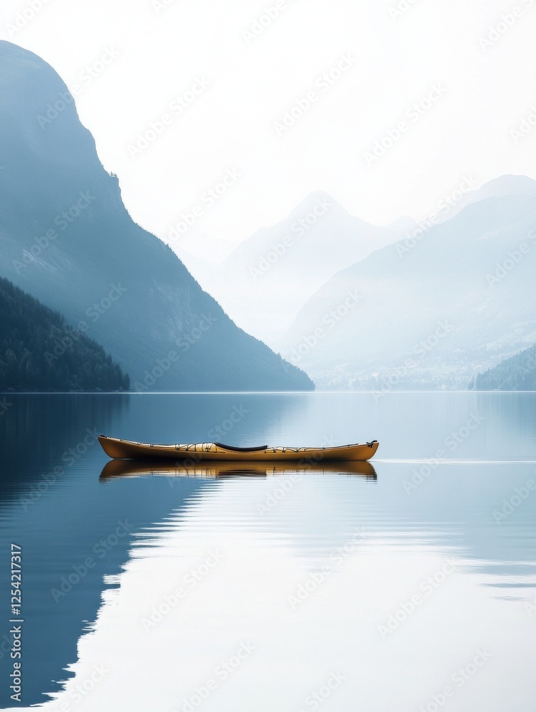 Aufkleber Lone kayak floating on calm mountain lake surrounded by misty mountains in early morning light. Generative AI