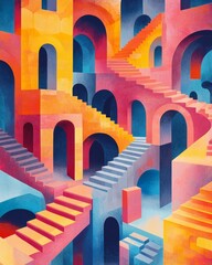 Colorful abstract representation of an intricate staircase design in a vivid architectural setting