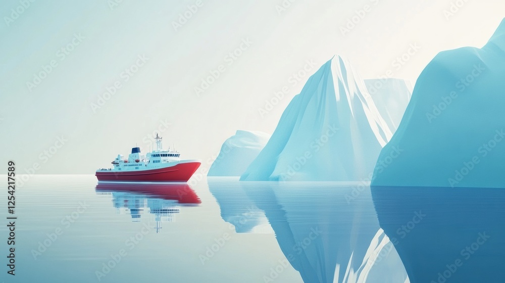 Aufkleber majestic red ship navigating serene waters with towering icebergs in a tranquil arctic landscape. ge