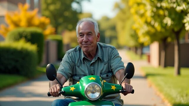 Happy grandpa senior riding his electric mobility scooter outdoors in the summer on a sunny day