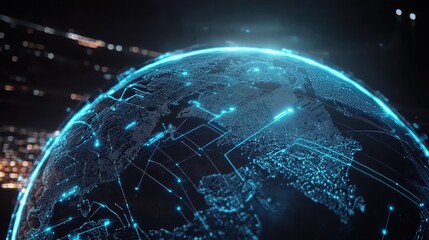 Wireframe globe with pulsating blue network lines connecting different countries, illustrating international digital connectivity, internet infrastructure, and cybersecurity concept, futuristic design