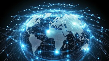 Fototapeta premium Wireframe globe with pulsating blue network lines connecting different countries, illustrating international digital connectivity, internet infrastructure, and cybersecurity concept, futuristic design