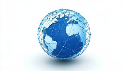 Wireframe globe with pulsating blue network lines connecting different countries, illustrating international digital connectivity, internet infrastructure, and cybersecurity concept, futuristic design