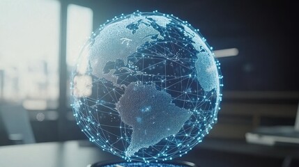 Wireframe globe with pulsating blue network lines connecting different countries, illustrating international digital connectivity, internet infrastructure, and cybersecurity concept, futuristic design