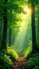 Naklejka premium Sunlight filters through leaves, creating ethereal glow in vibrant green woods, beams, birch