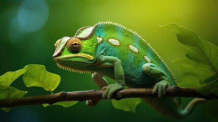 Fototapeta premium A colorful chameleon perches on a lush green backdrop, showcasing its vibrant hues in stunning detail.