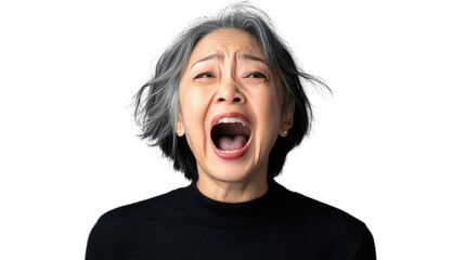 Angry senior woman shouting with transparent background