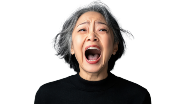 Angry senior woman shouting with transparent background