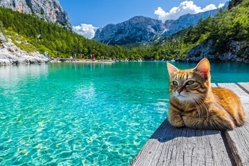 Obraz premium A charming cat lounging casually on a wooden bridge by the water