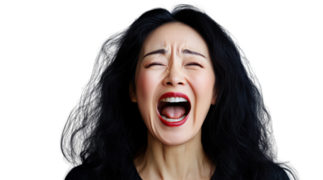 Stressed asian woman screaming with red lipstick and transparent background