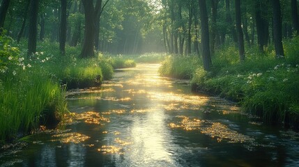 Obraz premium A serene river flows through a lush forest, illuminated by soft sunlight.