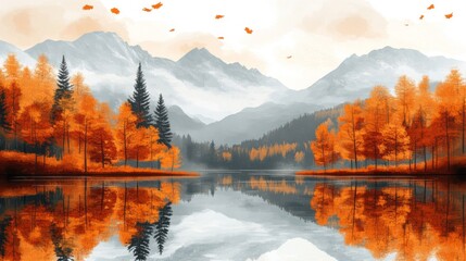 Obraz premium Autumn Lake Landscape With Orange Trees And Mountains