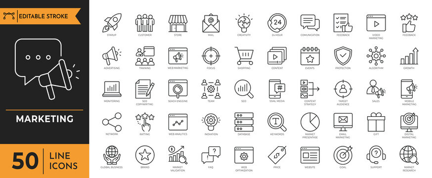 Marketing icon set. Marketing & Advertising icon collection. Containing Sales, e-commerce, SEO, business, feedback, analytics, ads, communication, content, and more. Vector illustration