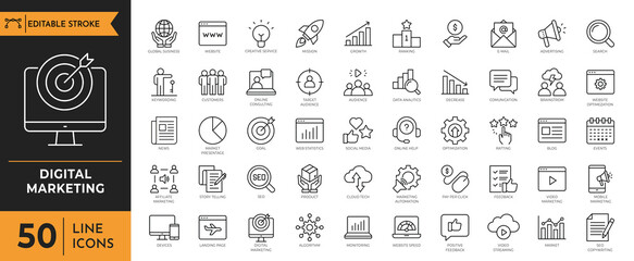 Digital Marketing icon set. Containing Website, seo, social media, online advertising, mail, content, strategy, target, feedback, and more. Vector illustration