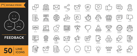 Feedback icon set. Containing Testimonial, Survey, Questionnaire, Satisfaction, Comment, Performance, and more. Vector illustration