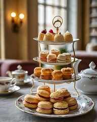 Elegant Three Tiered Afternoon Tea Stand with Delicious Pastries