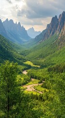Fototapeta premium Mountain valley view, lush greenery, winding river, scenic landscape