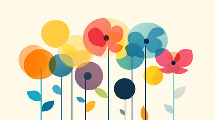 Stylized abstract flowers with overlapping circular petals in shades of blue red and yellow forming a colorful artistic pattern  
