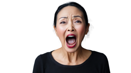 Angry asian woman shouting with transparent background