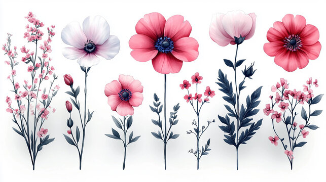 Hand-drawn floral elements, simple doodle style, black ink on white background, perfect for planner stickers