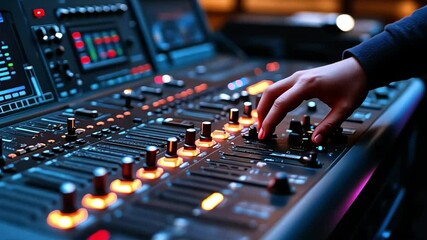 A close-up of a vibrant audio mixer console with glowing knobs in a studio setting, where a person's hand expertly adjusts sound levels under warm lighting