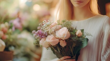 Naklejka premium A vibrant blonde florist with a stunning bouquet in hand