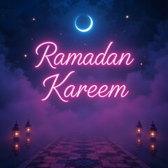 Neon Glow Ramadan Kareem in Arabic Typography with a Futuristic Deep Blue and Purple Night Sky