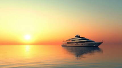 Obraz premium Luxurious yacht sailing in calm waters during a vibrant sunset over the horizon. Generative AI