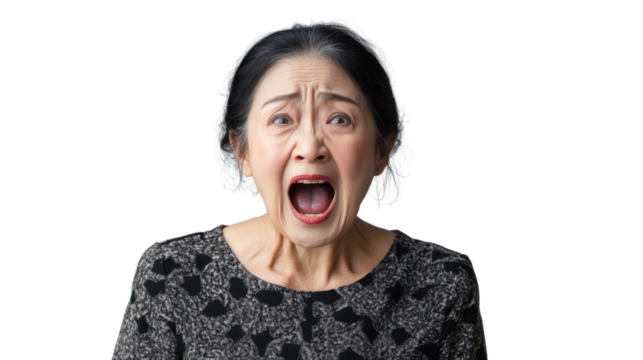 Shocked senior woman screaming with transparent background