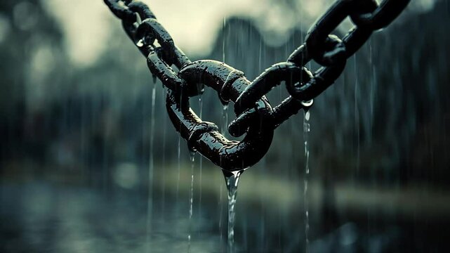 Rusty chain link shaped like a heart dripping with rainwater in a dark, moody setting