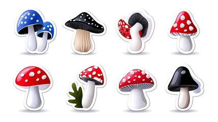 Colorful Mushroom Stickers Illustration Set on White Background