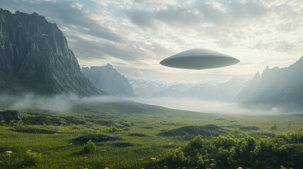 Mysterious UFO hovers over a dense forest in the early morning