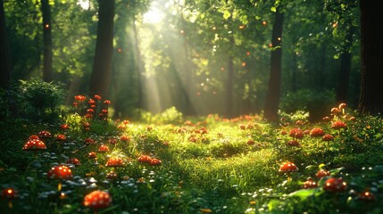 Obraz premium A serene forest scene with sunlight filtering through trees, highlighting vibrant mushrooms and flowers.