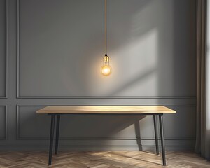 Contemporary design with a golden hanging light bulb casting a warm glow on an oak table with black legs, contrasting beautifully with gray walls.